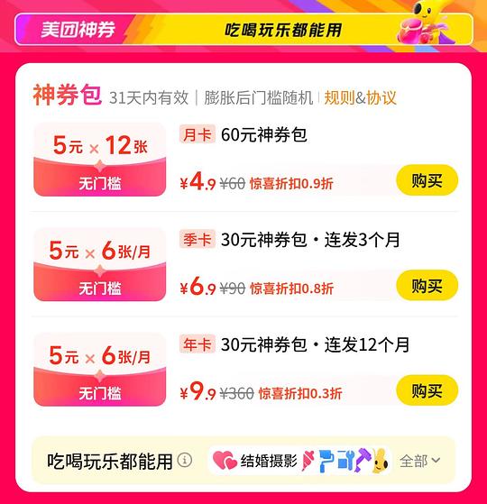 美团每月30元神券包，1年9.9