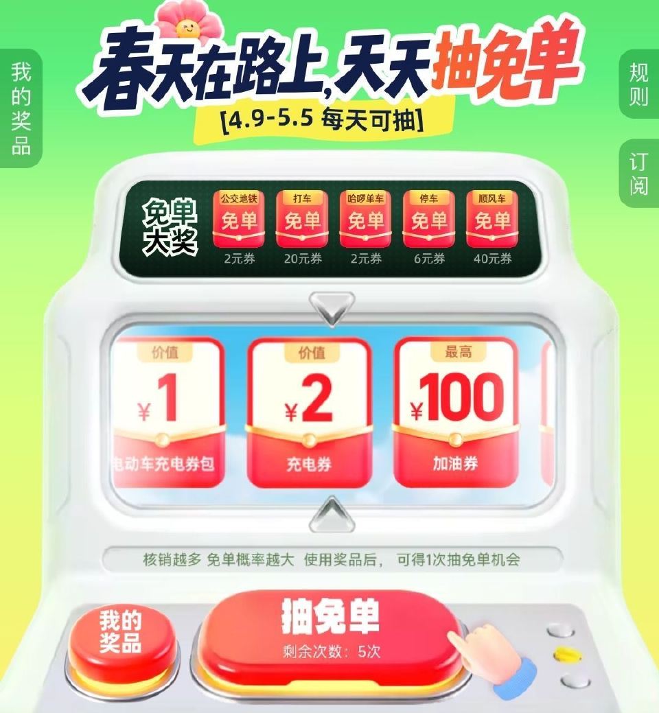 zfb搜【出行免 单】 每天5次机会 可抽海量 2/6/20/40亓滴滴/高.德出行卷 和其他金.额...