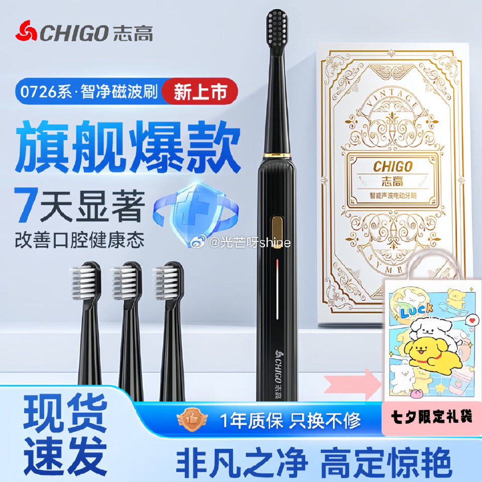 志高 智能电动牙刷 黑色+送四刷头【19.9】...