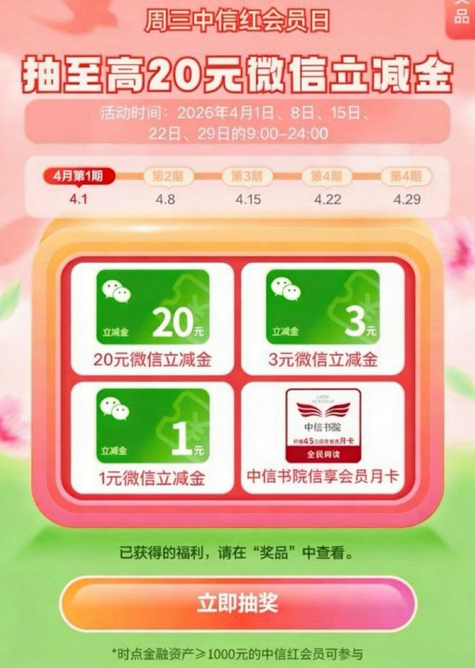 中.信APP首页横幅“周3领神券” 资產大于1000的 可抽 1/3/20亓vx立jj ...