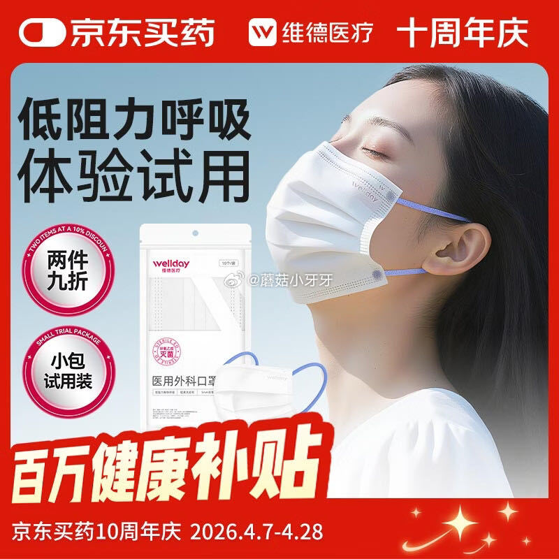 🐶东 维德（WELLDAY）成人低阻力医用外科口罩10只，1...