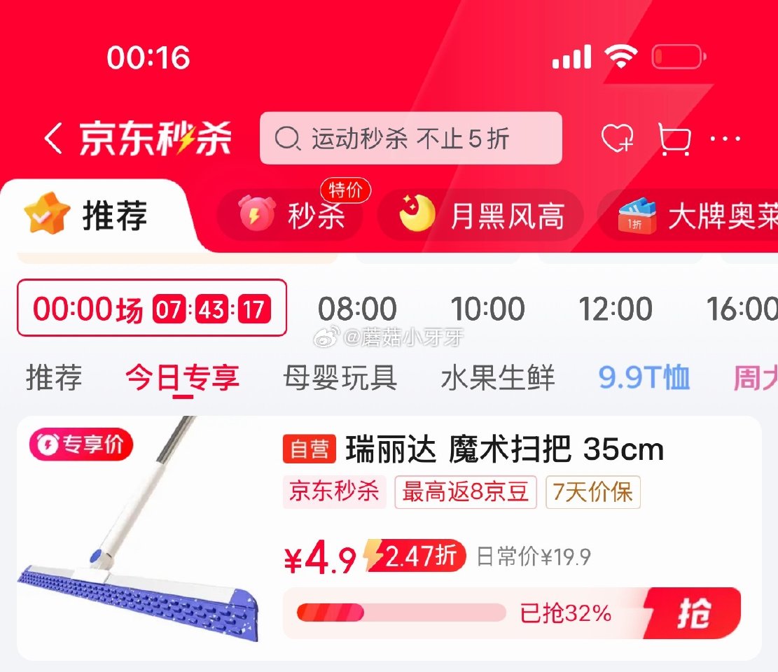 🐶东 秒杀会场 （翻到产品加购）： 瑞丽达魔术扫把拖把刮水一体35cm 砸5券【4.9】...