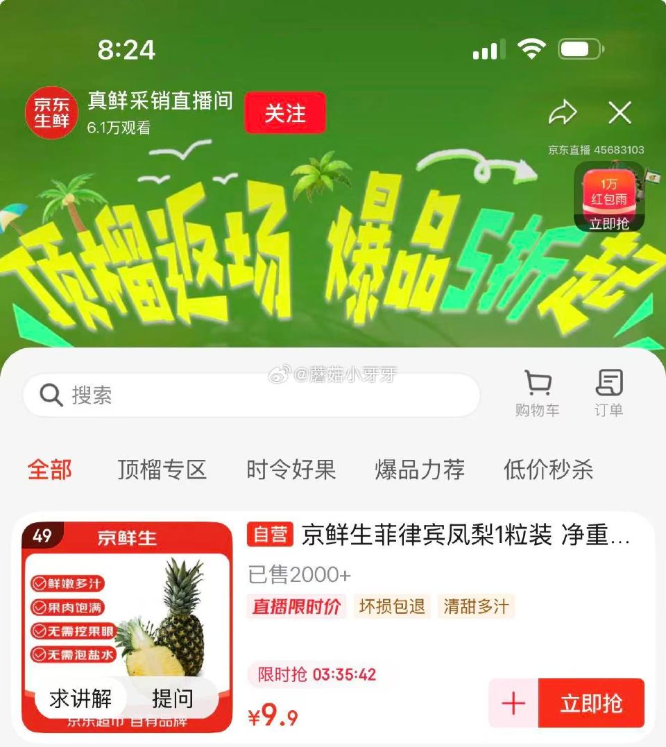🐶东 直播间9.9 京鲜生菲律宾凤梨1粒装 净重2.4斤...