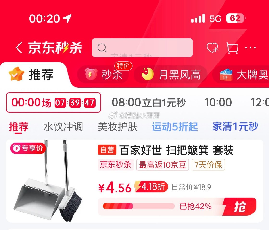 🐶东 秒杀会场 （翻到产品加购）： 百家好世 扫把簸箕套装 砸5券，叠1首单【4.9】...