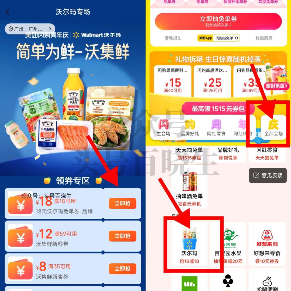 美团搜【闪购抽免单】 底部切「全部会场」找到沃尔玛 部分号 有18-18无门槛 有需看看 需6配送費...