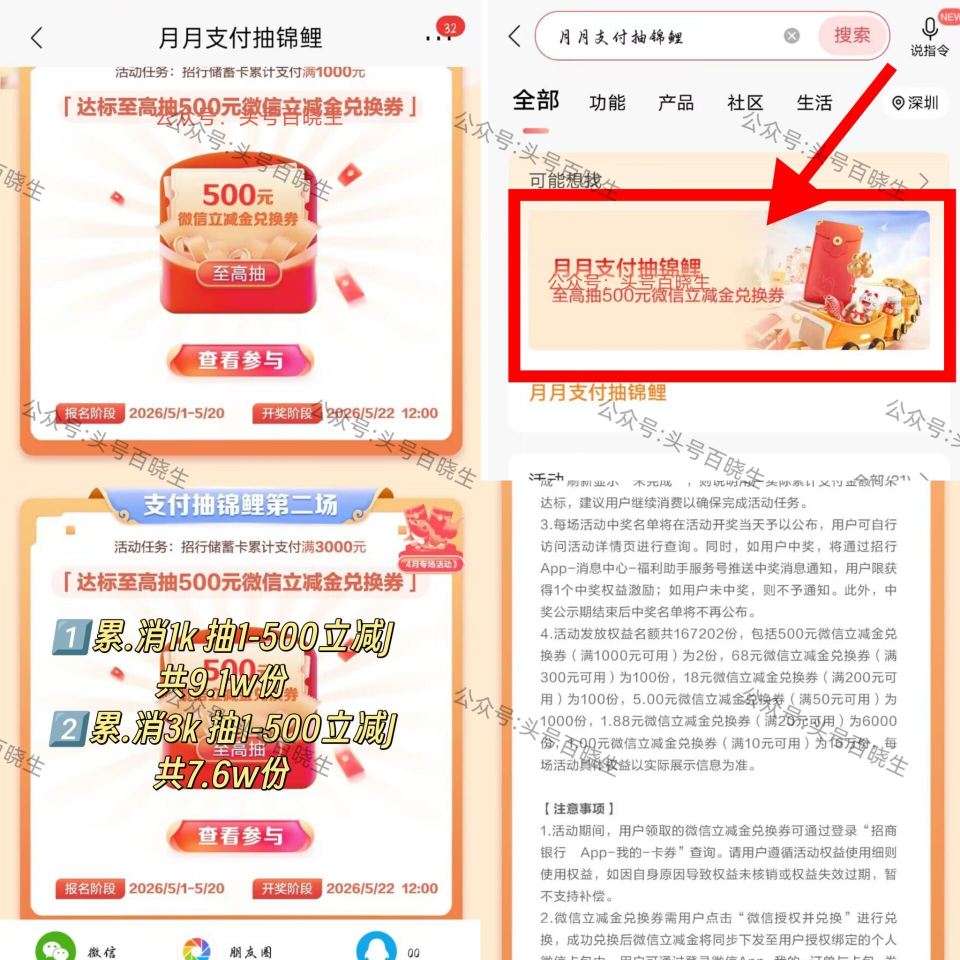 招.行搜【月月支.付抽锦鲤】 先去报名 有两场可抽立减jin 都是20号截 22号12点开哈 - ⭐...