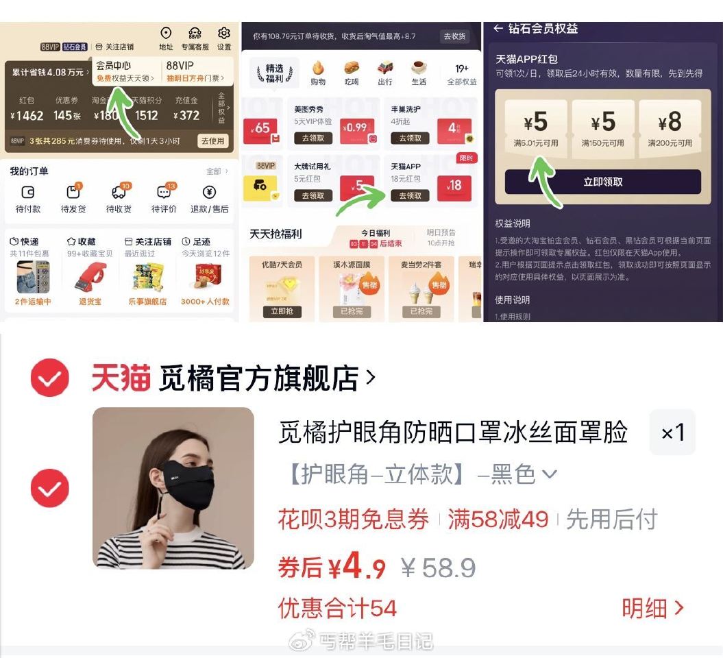 1，去tb-会员中心领5-5虹包 2，用天喵αpp拍 - 4.9亓‼ 觅橘护眼角立体防晒口罩1只...