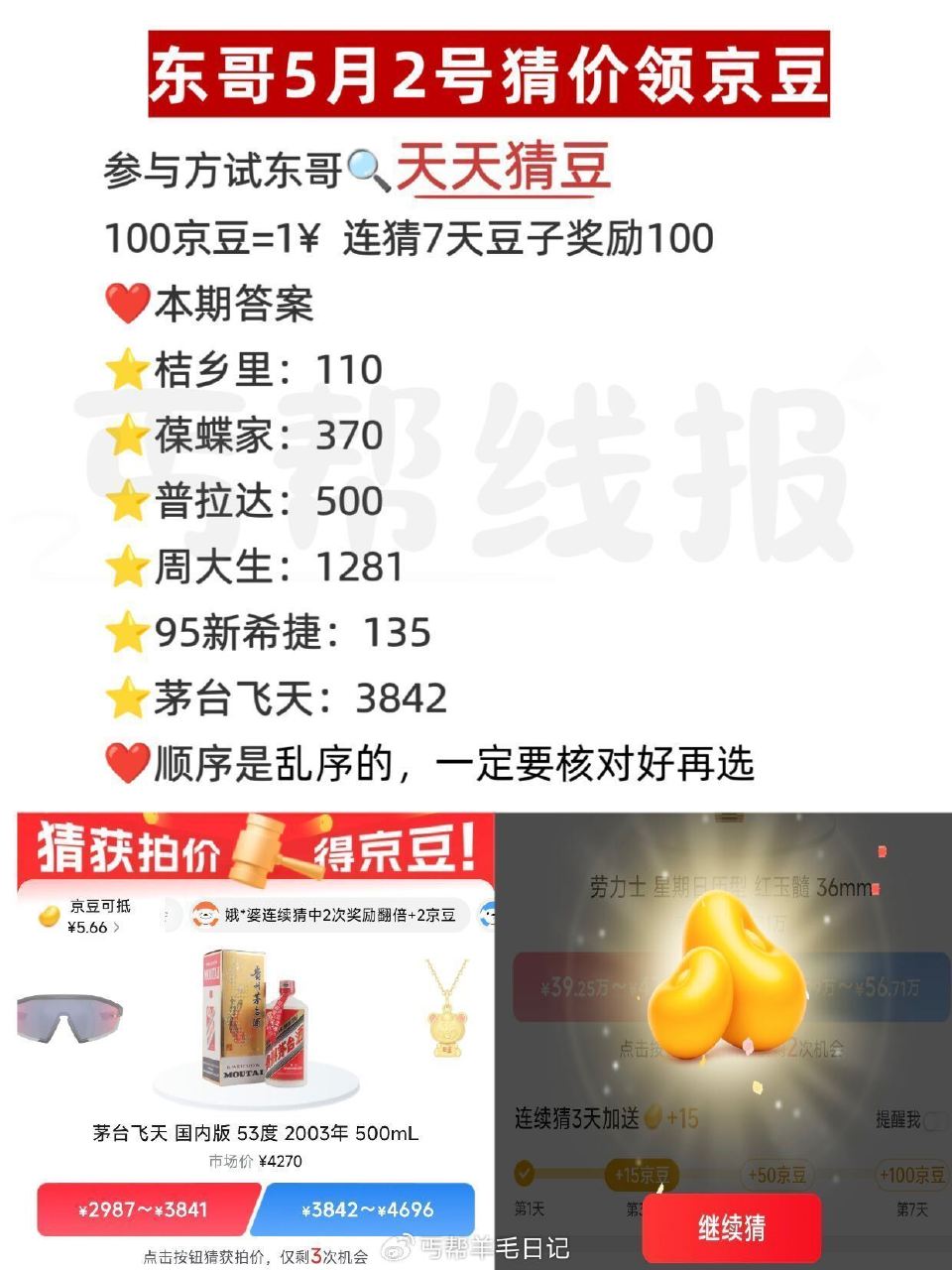 京东搜：天天猜豆 现在是乱序 要一一核对 答案如图 答7天200豆子 每天答有京荳可领 🔗 — 每天...
