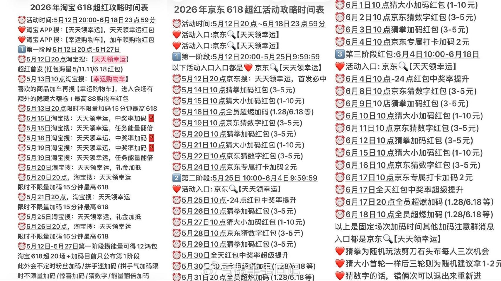 淘宝X京东618超红初步时间表 🍑淘宝搜【幸运天天领】 🐶京东搜【幸运天天领】 全周期多场次红包加码...