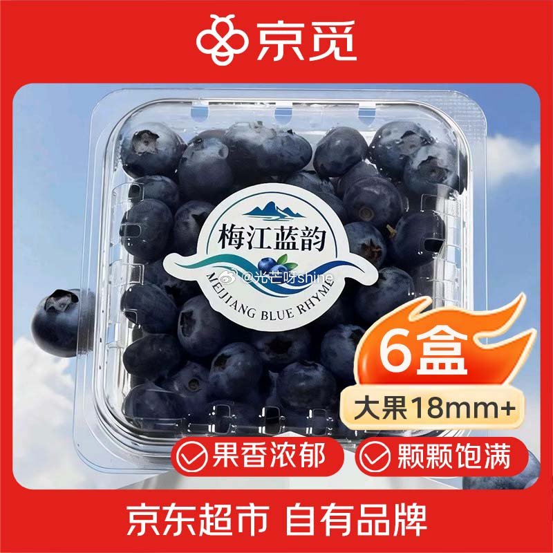 京觅 江西 梅江蓝韵花香蓝莓6盒装净重100g/盒 大果18mm+，拍下【29】 如有黑五200-2...