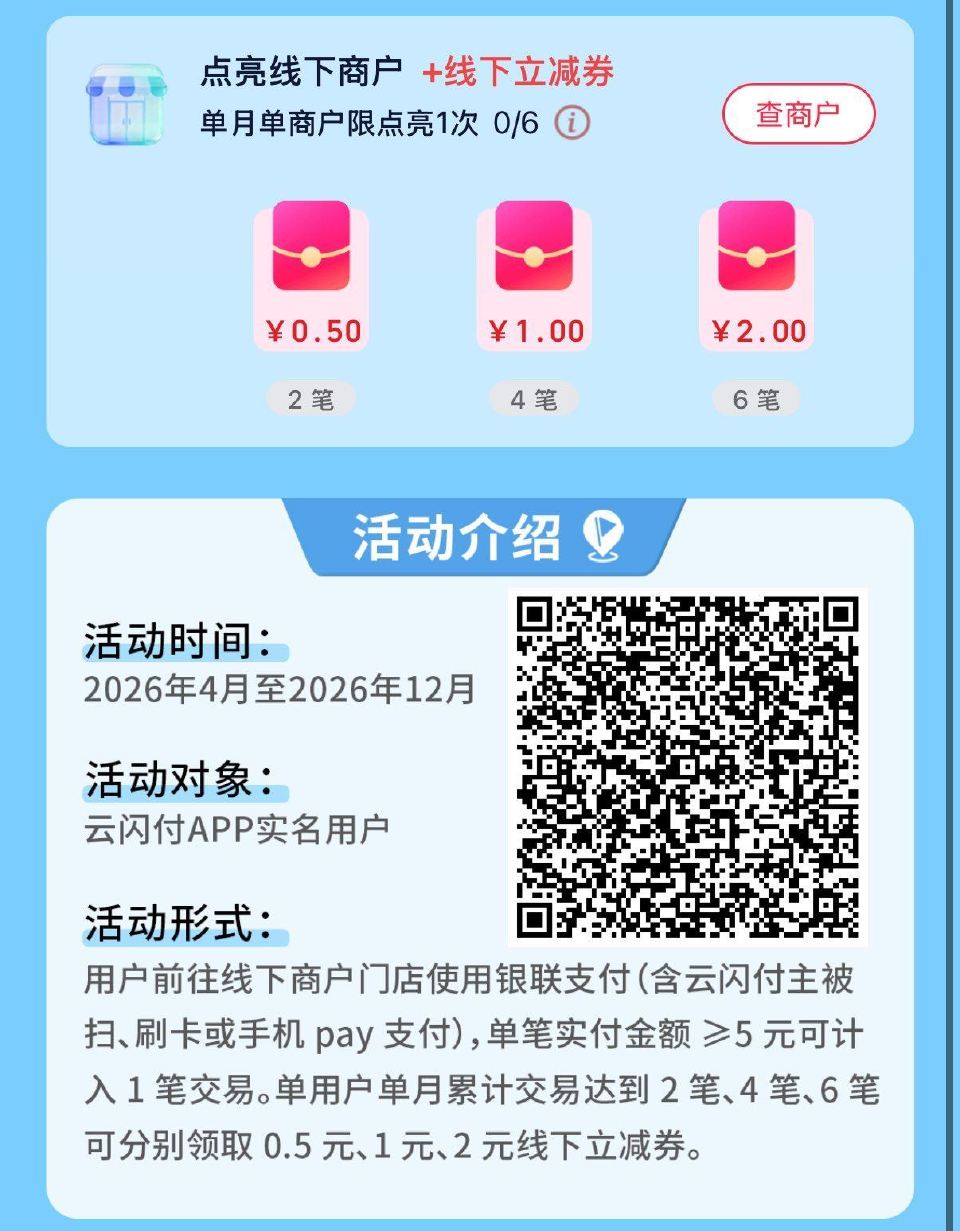 V扫｜云闪fu 在线下商户 用银.联吱fu≥5亓可点亮商户 单月消費2/4/6笔 可领0.5/1/2...