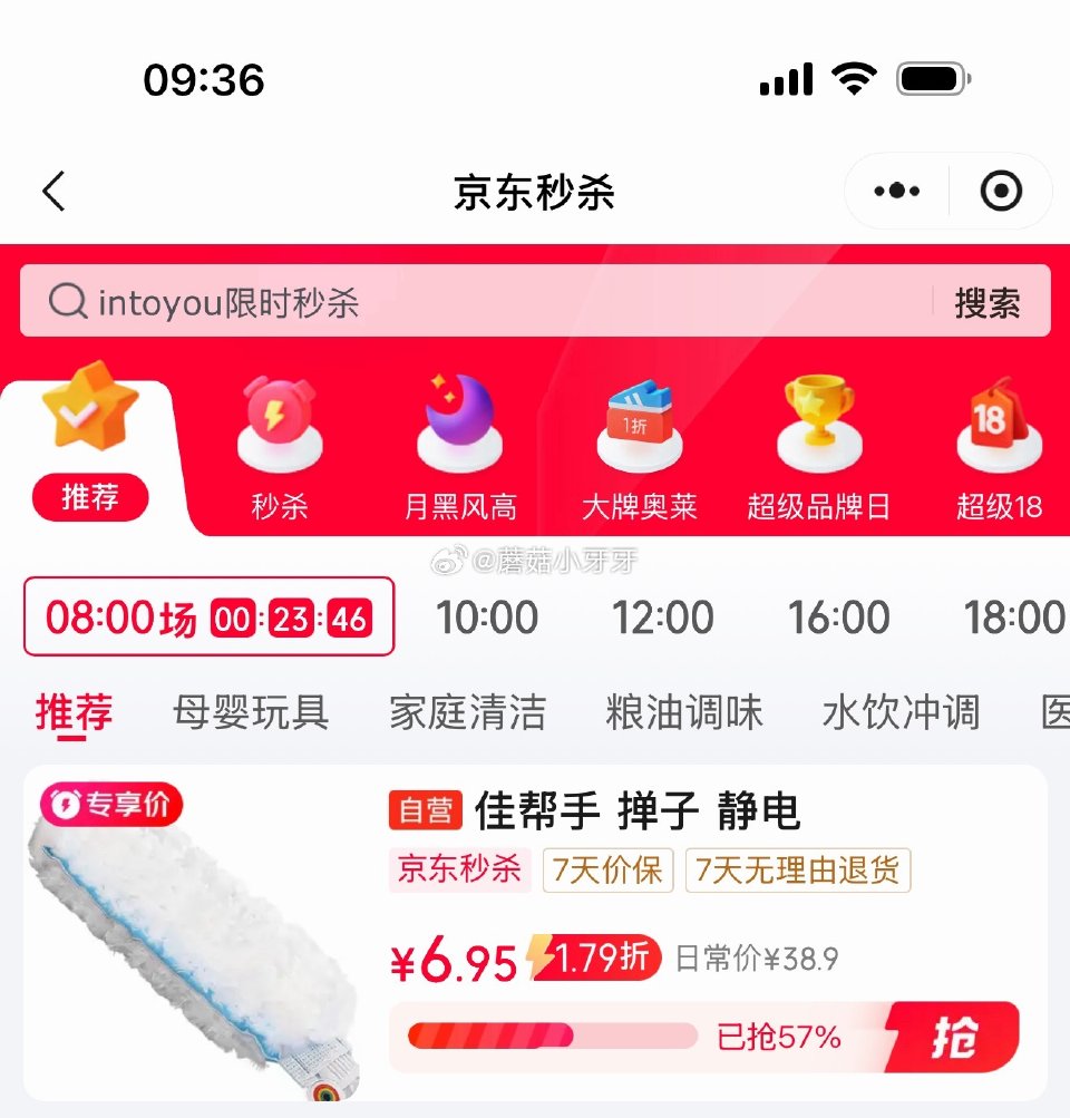 🐶东 3-2全品券 京东购物小程序，首页秒杀频道下单： 佳帮手 静电除尘掸子长柄98cm，【6.95...