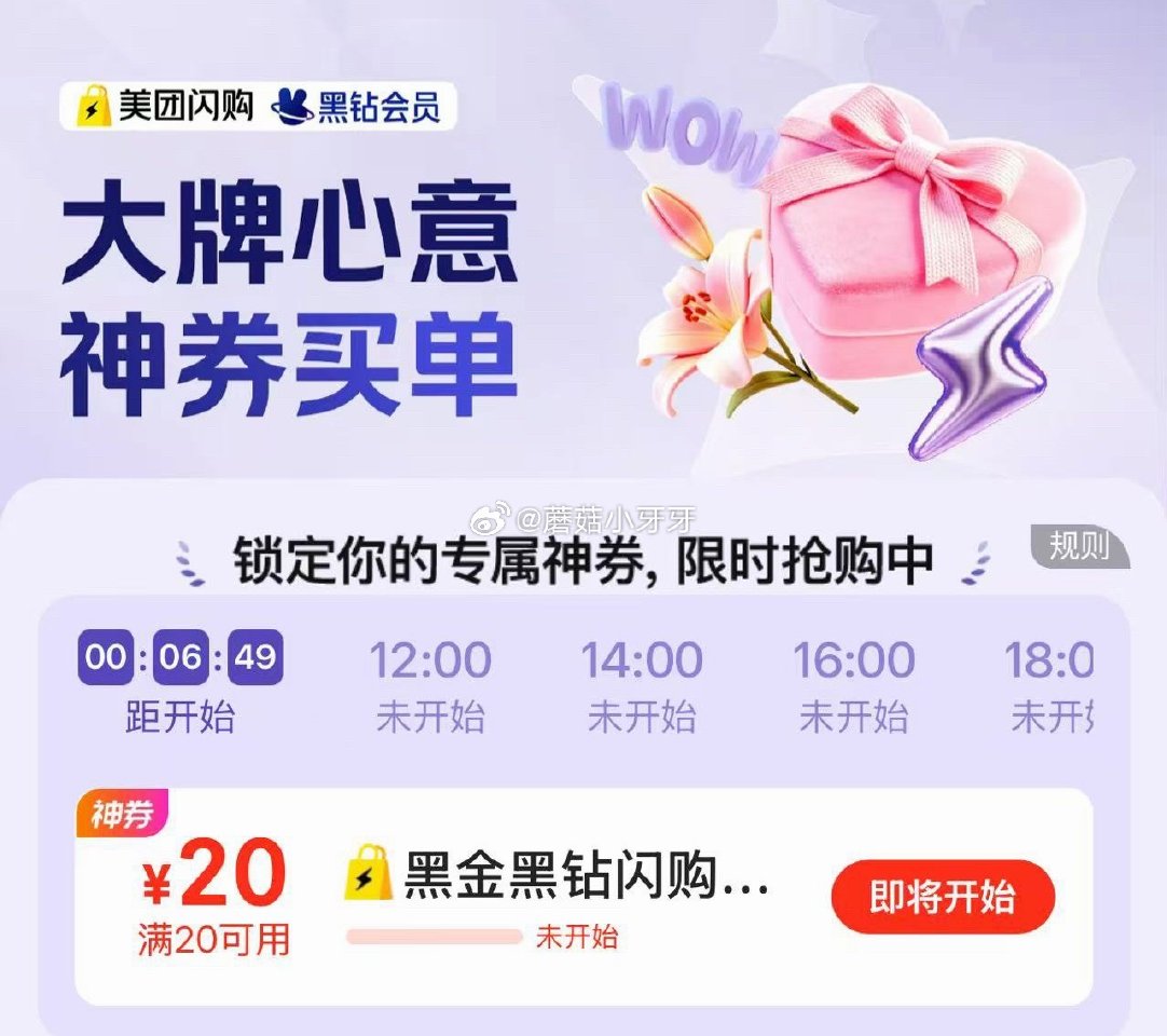 【美团】 10点/12点/14点/16点/18点 会员中心-黑金黑钻抢20-20闪购券 每日领外卖券...
