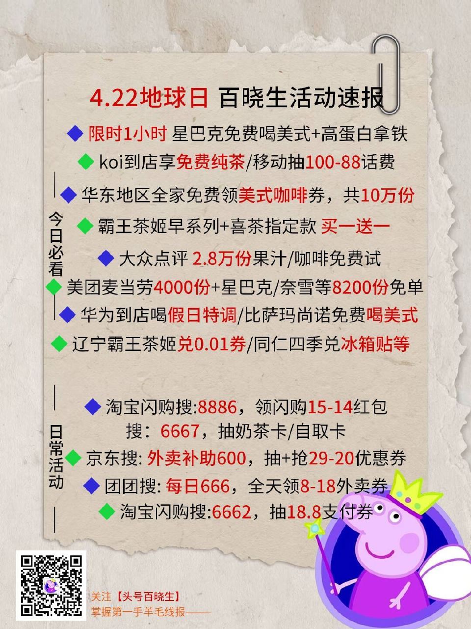 V扫⭐地球日羊毛汇总 先看看推文 --- 1️⃣限时1小时 星巴克兔费喝美式 2️⃣koi到店享纯茶...