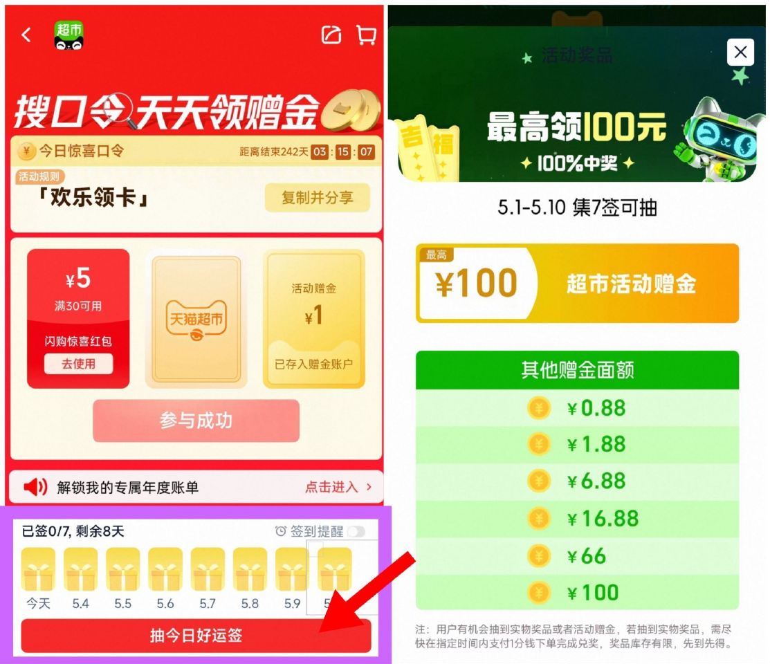 【猫超打卡7天抽最高100亓】 天猫超市搜🔍【欢乐领卡】 ✅累计打卡7天 抽最高100亓 ✅每天翻卡...