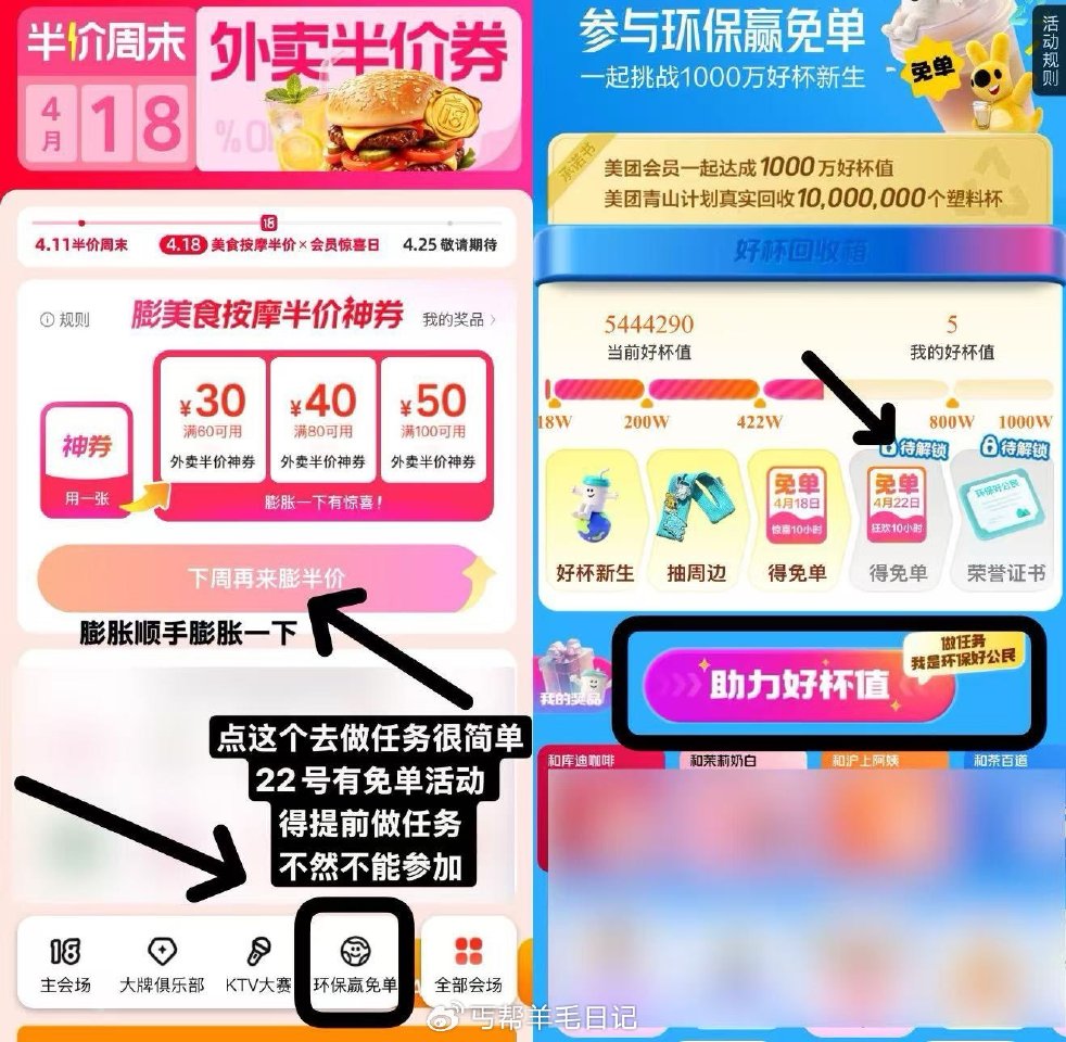 美团搜：半价周末381 1️⃣右下角 环保免单 做任wu （得提前做 22有免单活动） 2️⃣底部还...