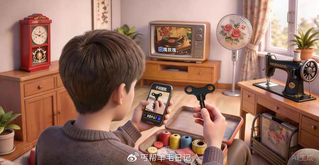 题目：扭一扭，走一走 提示：千万次地问 图中手持的是钟表上发条用的钥匙，千万次地问指的是千问，则代表...