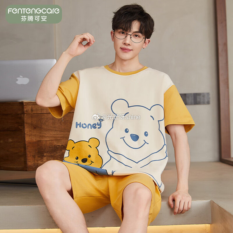 芬腾可安 男士圆领睡衣短袖短裤套装【39】 芬腾可安 冰丝睡衣女夏季卡通短裤长裤家居服【39】...