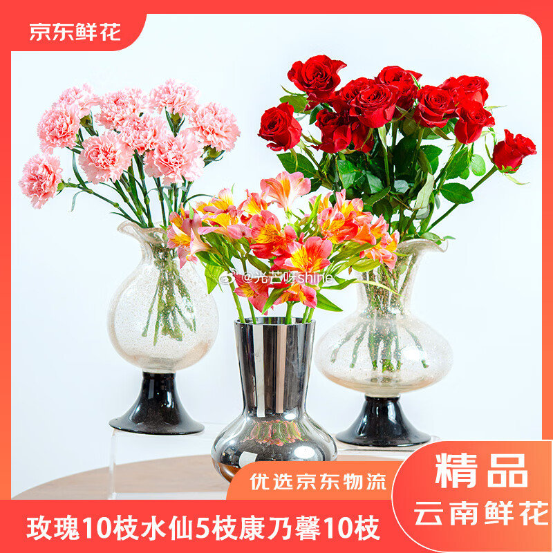 京东鲜花 橘子汽水夏日花束玫瑰向日葵鲜花花束【21.9】 京东鲜花 严选云南基地玫瑰花10枝+康乃馨...