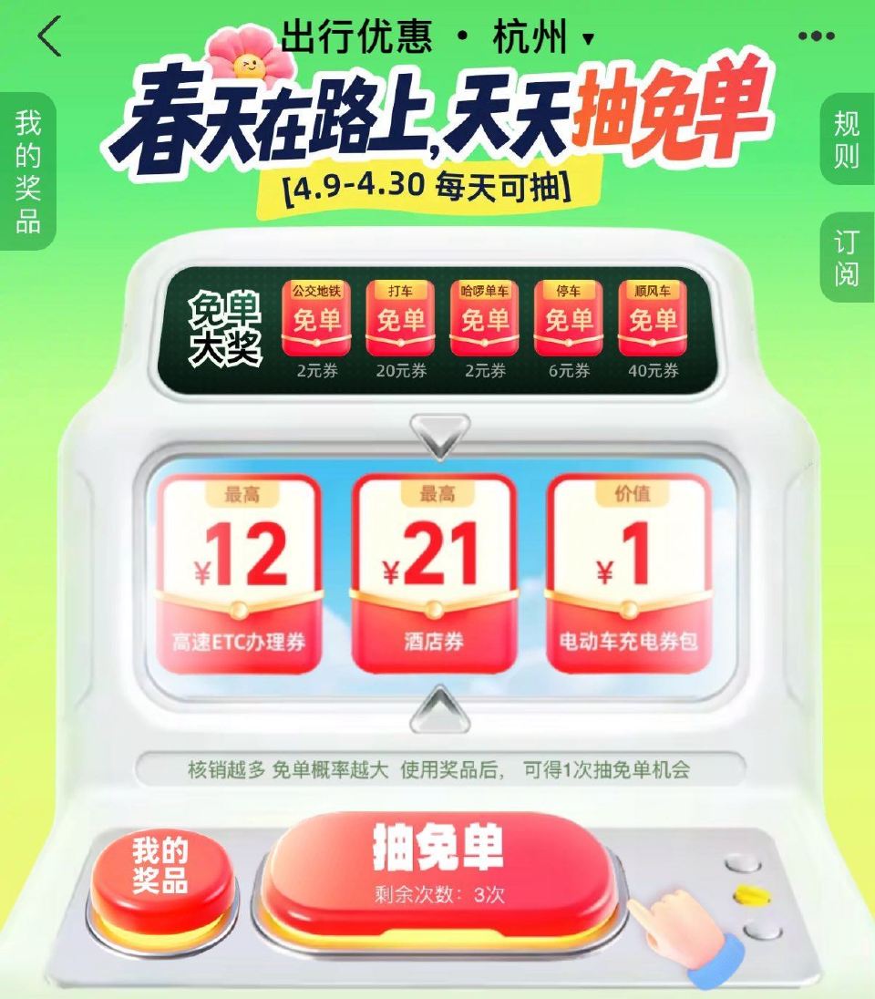 zfb搜【出行兔单】04.30截 每天三次机会试抽出行兔单卷、 充电/加油立减卷、周边实wu等 感兴...