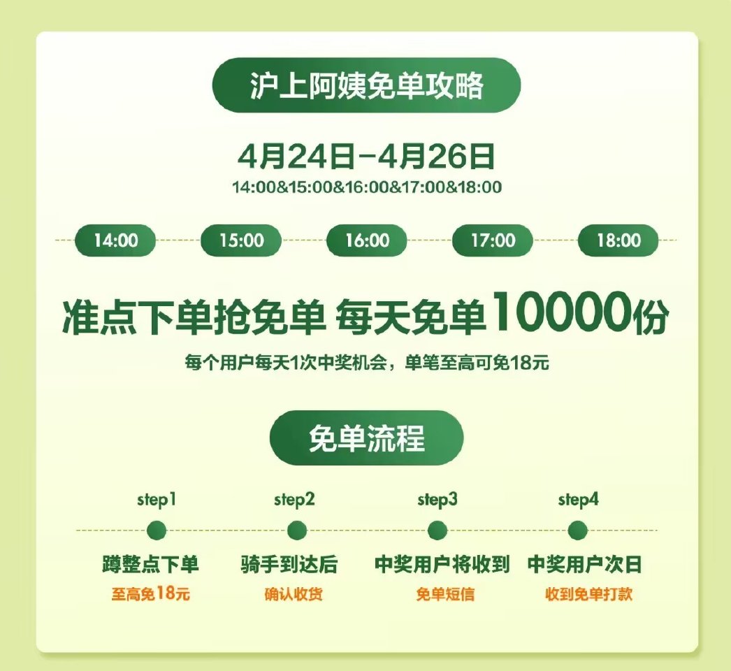 ❗美团沪上阿姨兔单 4.26截 ⏰14:00 15:00 16:00 17:00 18:00 每场2...