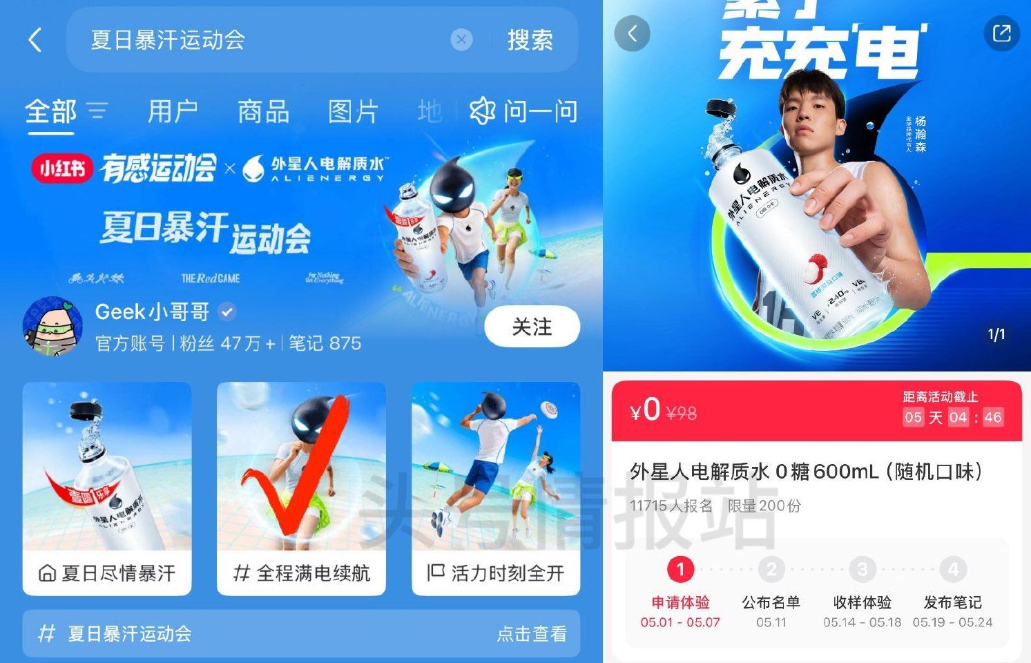 小红薯搜：夏日暴汗运动会 05.07截 如图页面进可申领 试试抽200份外星人电解质水1箱 05.1...