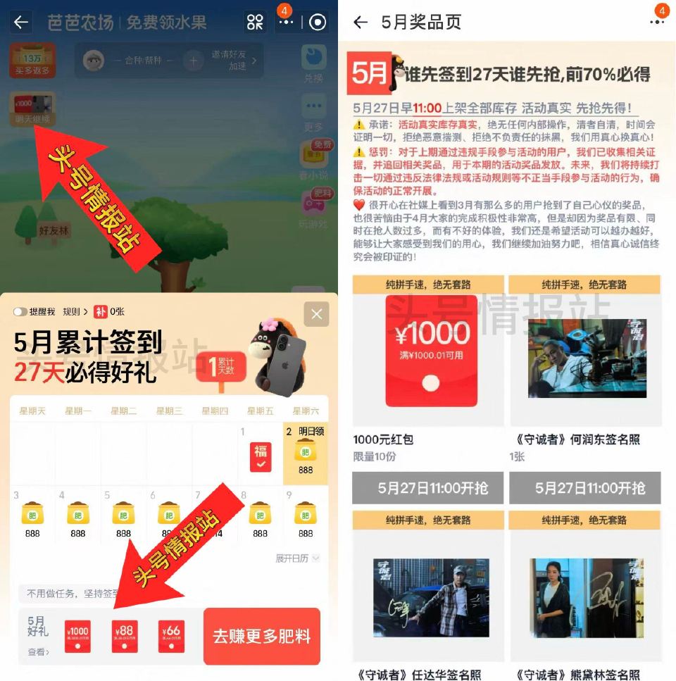 淘宝搜：芭芭农场 如图 部分人左上角有「打卡领桨」 5月只要签够27天 可抢签名照、 1k份88+2...