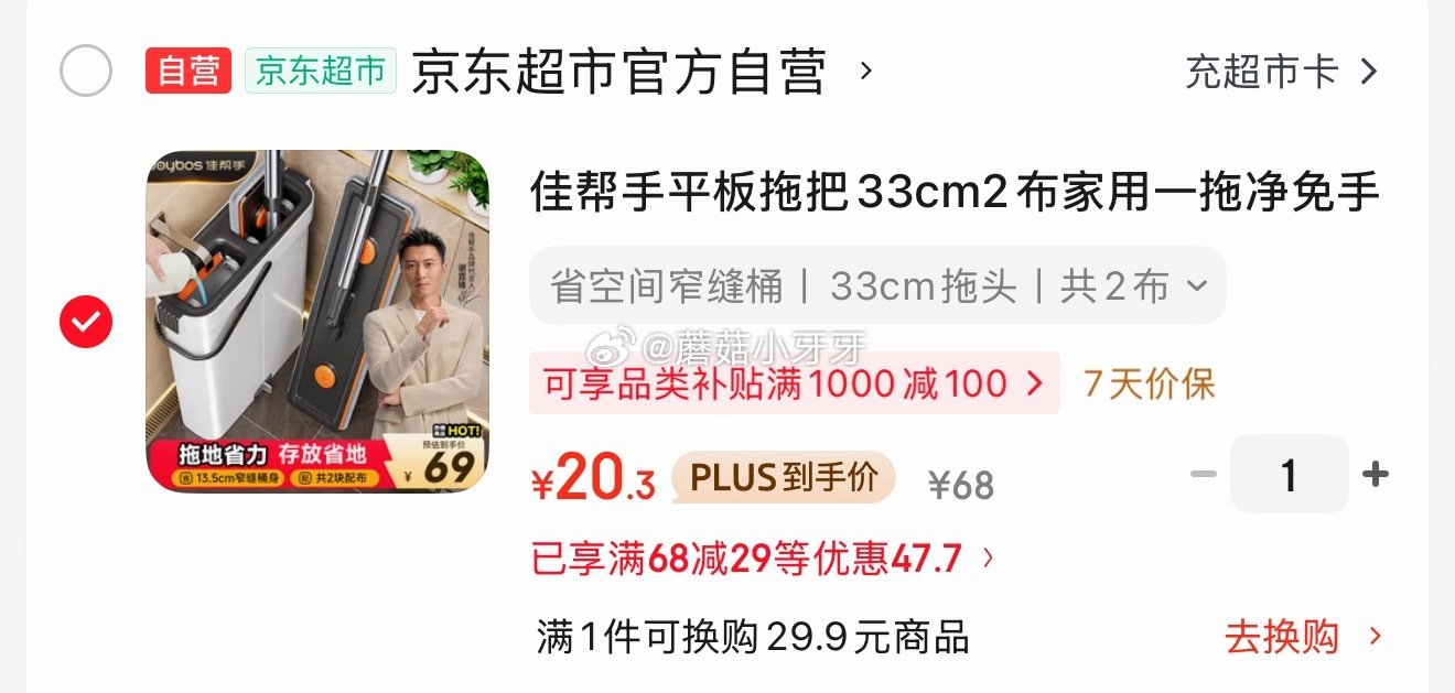 🐶东 plus 200-25券 200-20黑五券 68-29券 佳帮手平板拖把33cm2布 一拖净...
