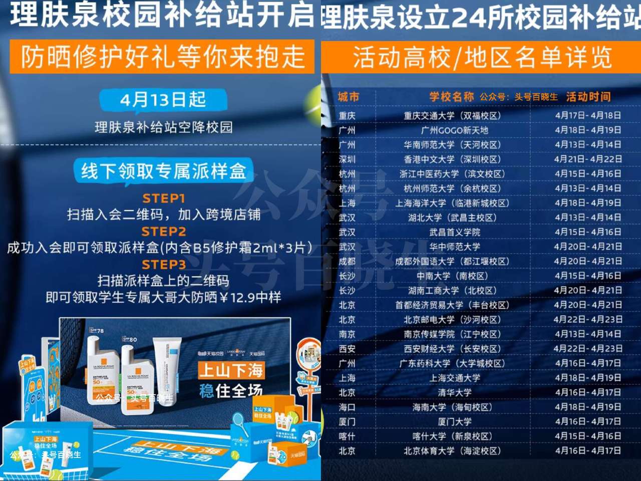 即日起 如图全国24所高校 到线下现场扫ma入荟 可领取理肤泉派样盒 符合的看看 （含B5修护霜2m...