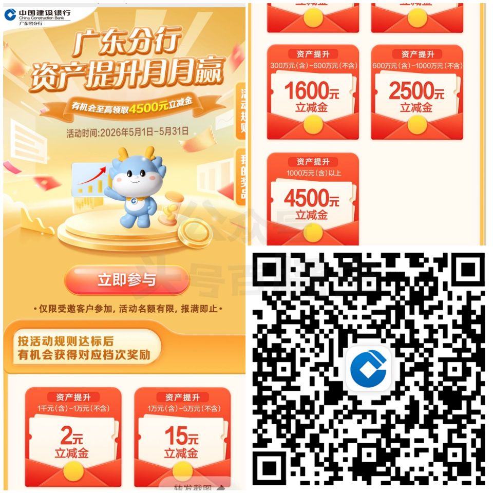 广东建行（除深圳）31截 5月资`产提升 最高领4.5k立减 👉...