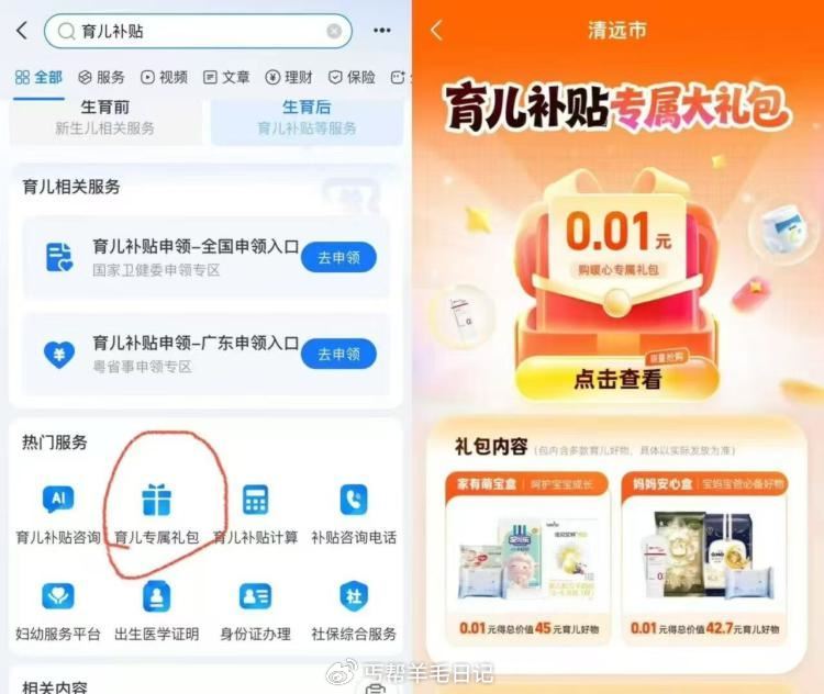 zfb嗖：育儿补贴 可領取1分钱纸尿裤等礼包 可能限部分地区，符合自测 ...