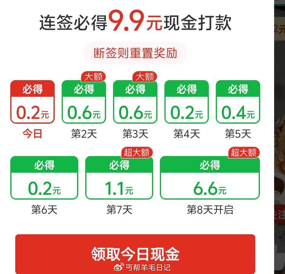 部分刷新了 显示“bi得”再去签 拼多多-底部多多视频 部分有 连签14天bi得9.9亓 ...