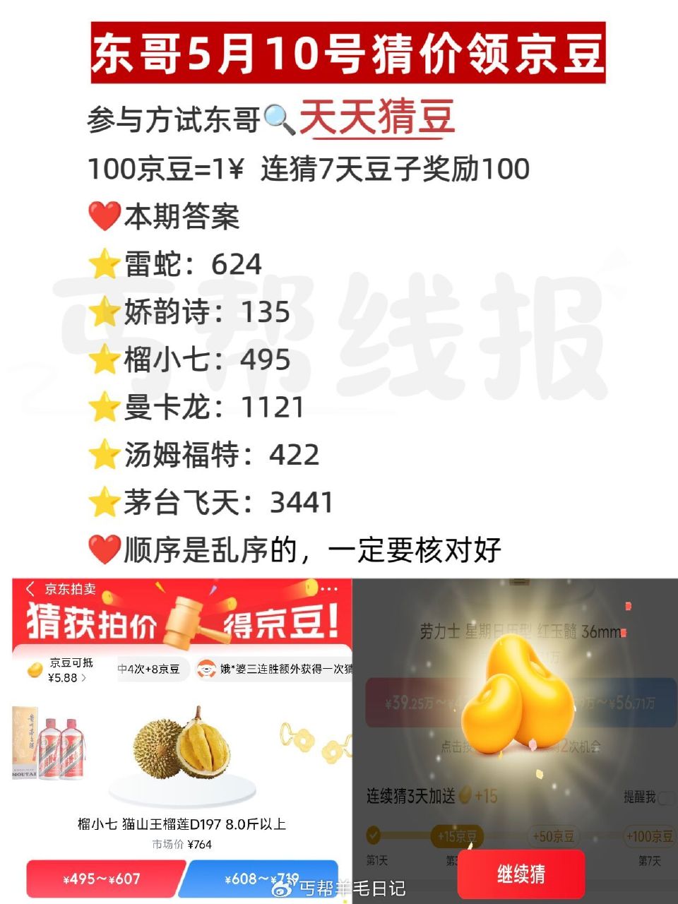 京东搜：天天猜豆 现在是乱序 要一一核对 答案如图 答7天200豆子 每天答有京荳可领 🔗 — 每天...