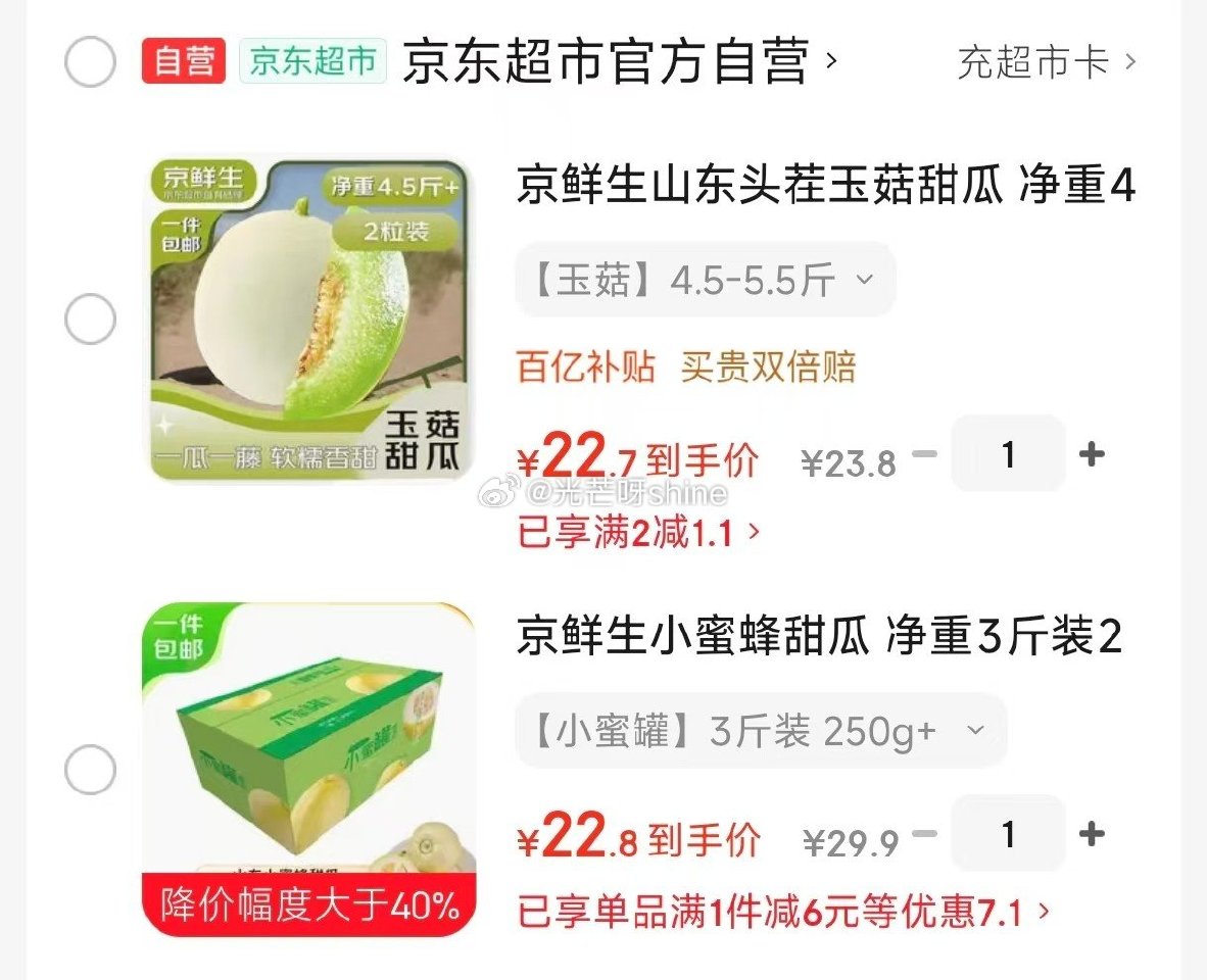 领2-1.1 京鲜生 山东玉菇甜瓜净重4.5-5斤 2粒装 单果2斤起【22.7】 京鲜生 小蜜蜂甜...