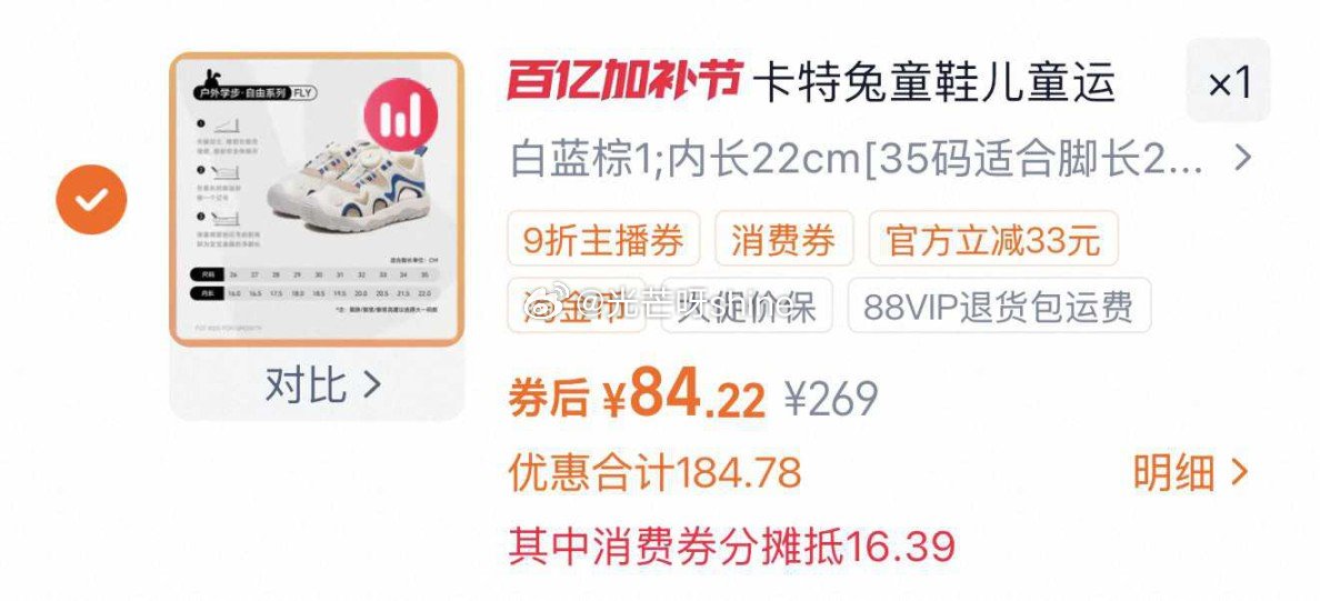 卡特兔夏季旋钮儿童凉鞋，到手【64.22】 1️⃣弹礼金领取， 2️⃣领200-25消费劵， 3️⃣...