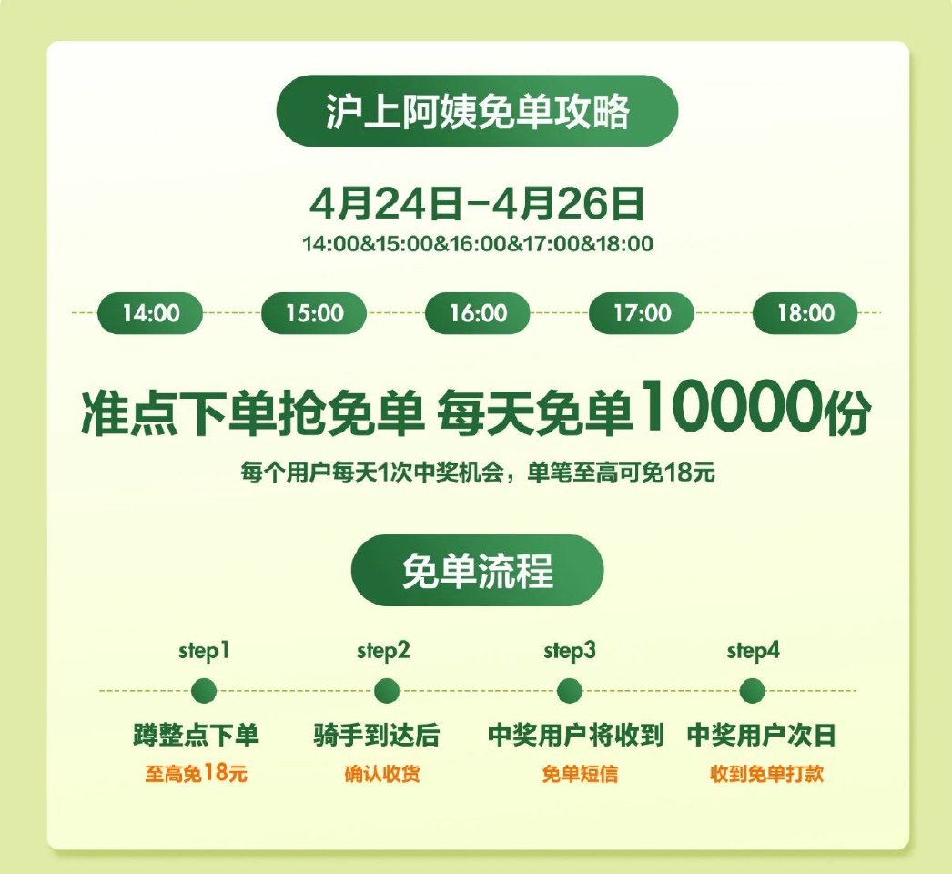 ❗美团沪上阿姨兔单 4.26截 ⏰14:00 15:00 16:00 17:00 18:00 每场2...