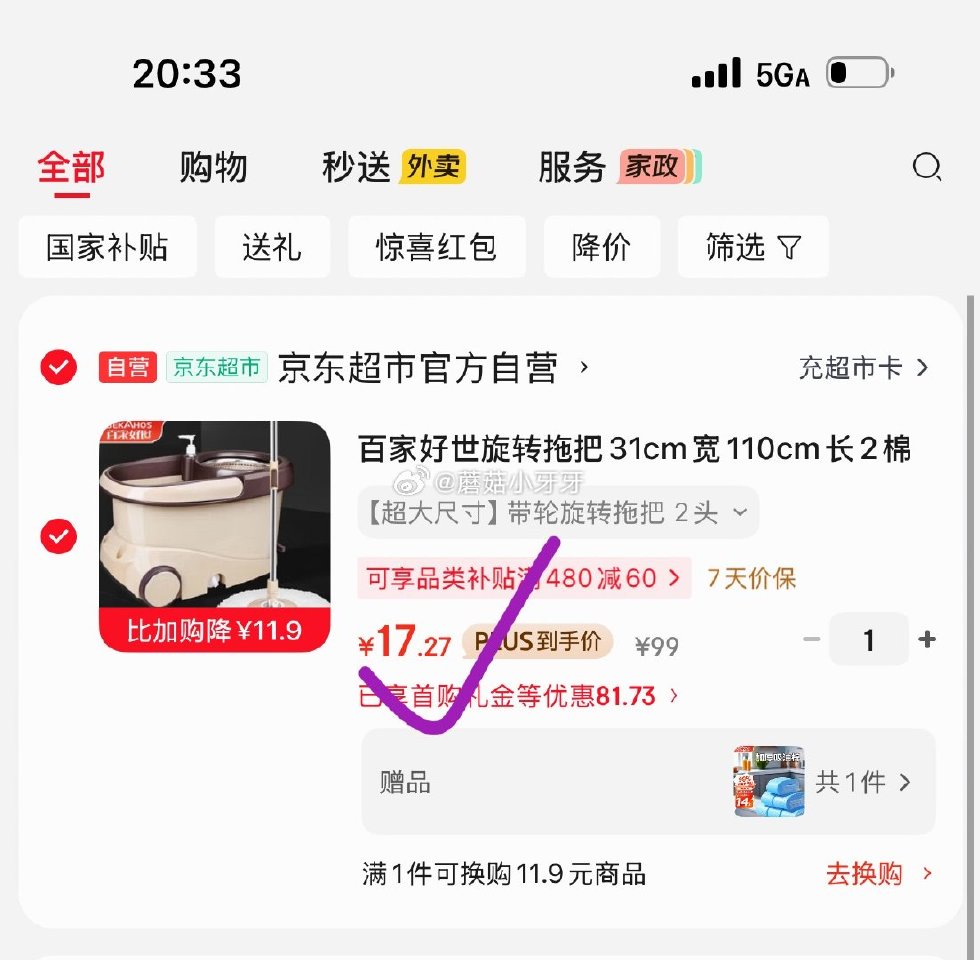 🐶东 200-20黑五券 plus 200-25券 百家好世旋转拖把31cm宽110cm长2棉头 2...